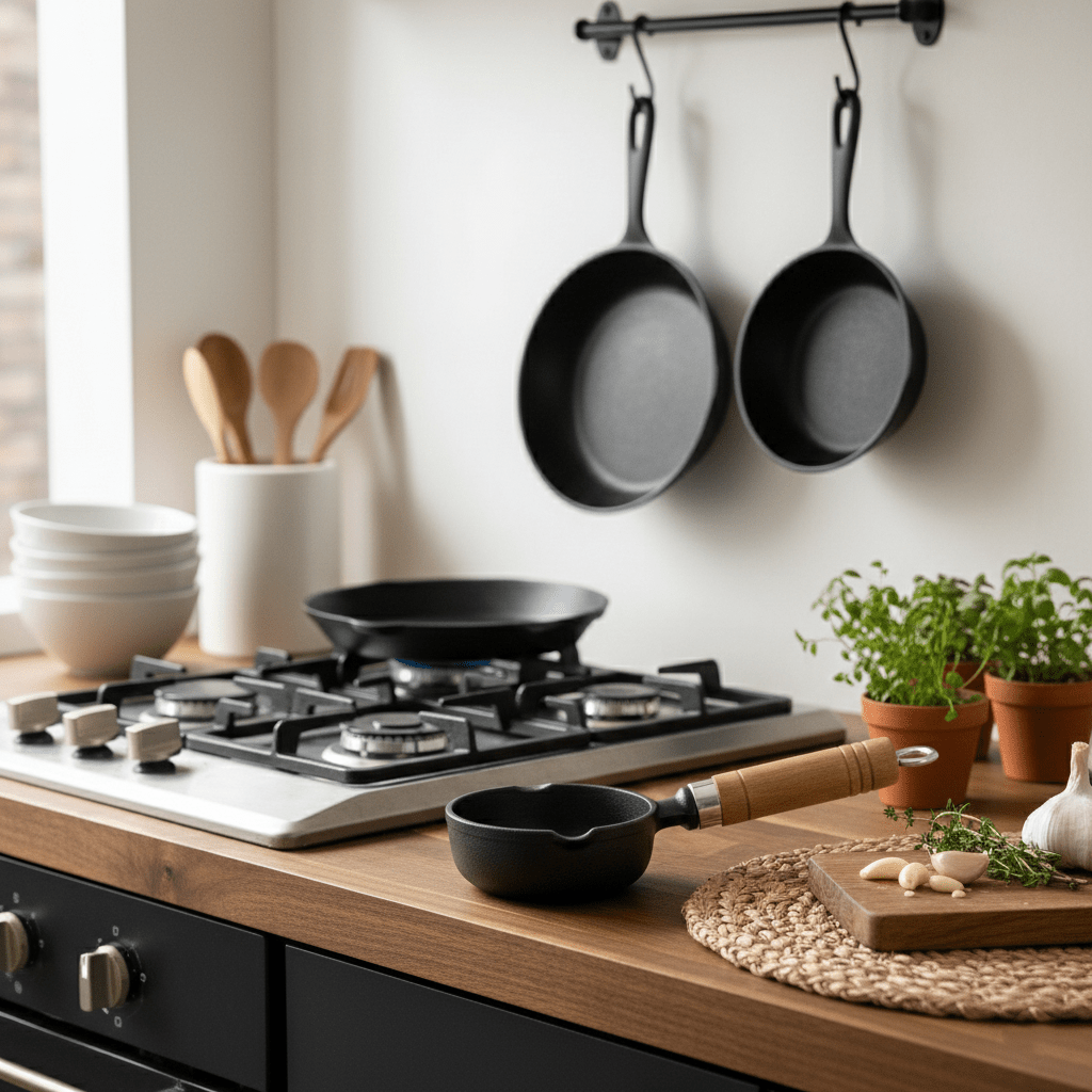 Cast Iron Non-Stick Tadka Pan with Wooden Handle