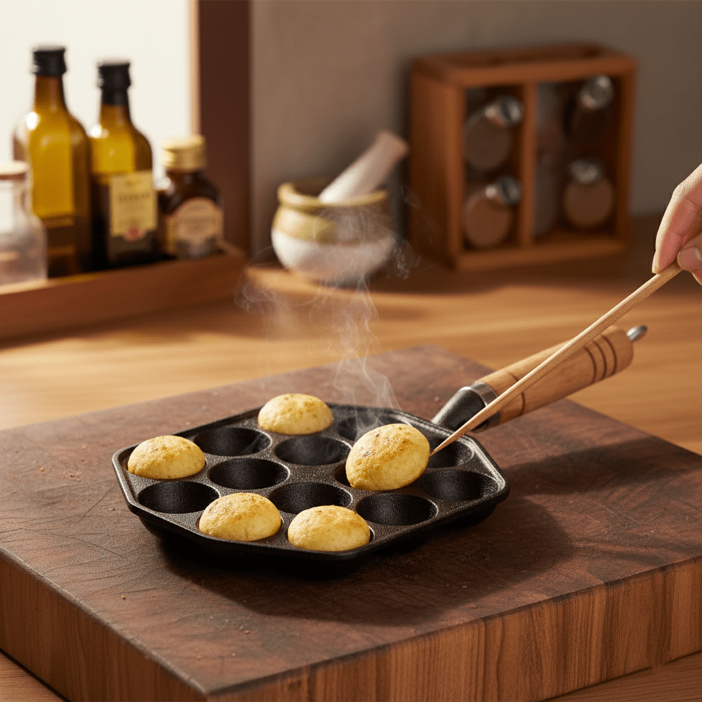 Cast Iron Non-Stick Appe/Tikki Pan with Wooden Handle (16 cm)