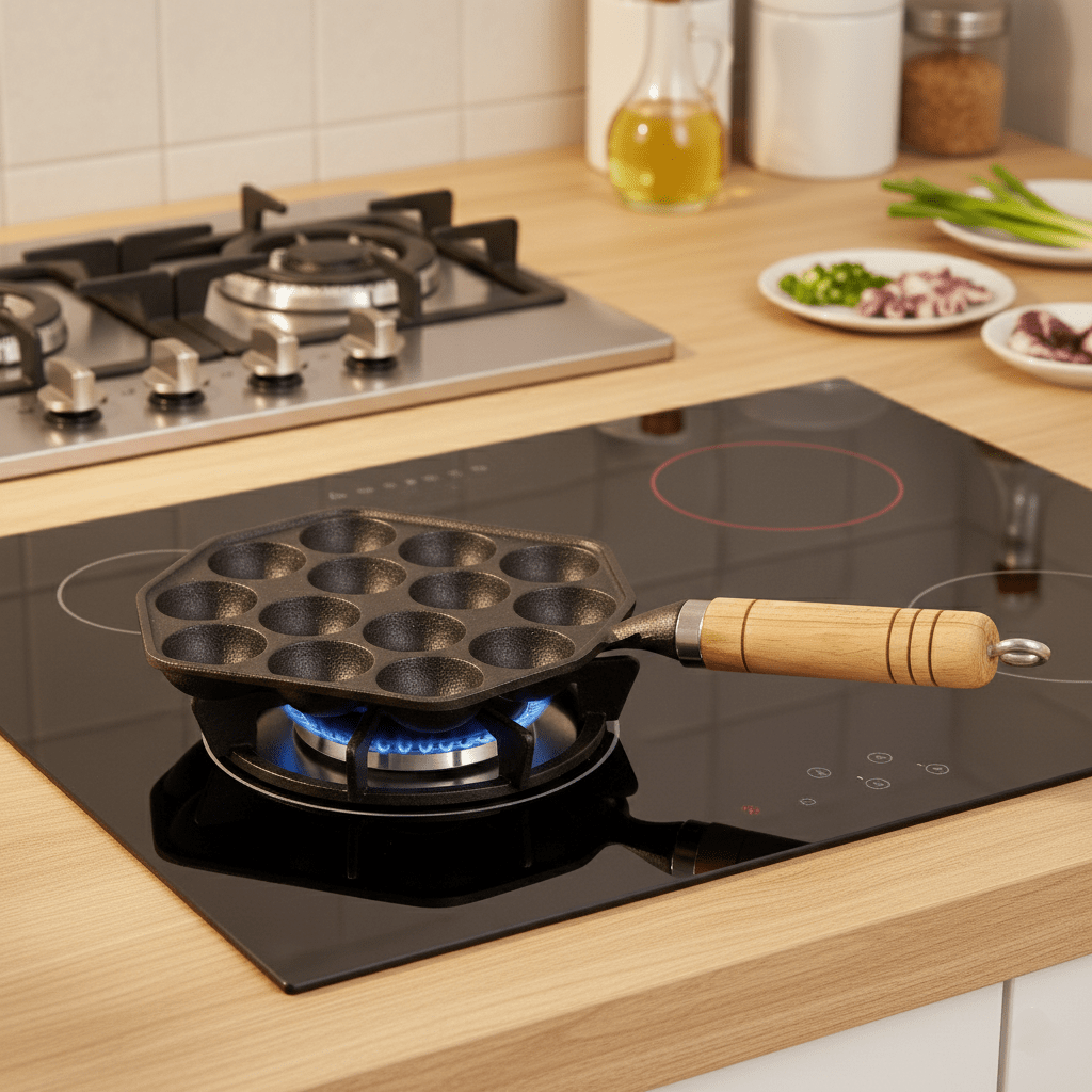 Cast Iron Non-Stick Appe/Tikki Pan with Wooden Handle (16 cm)