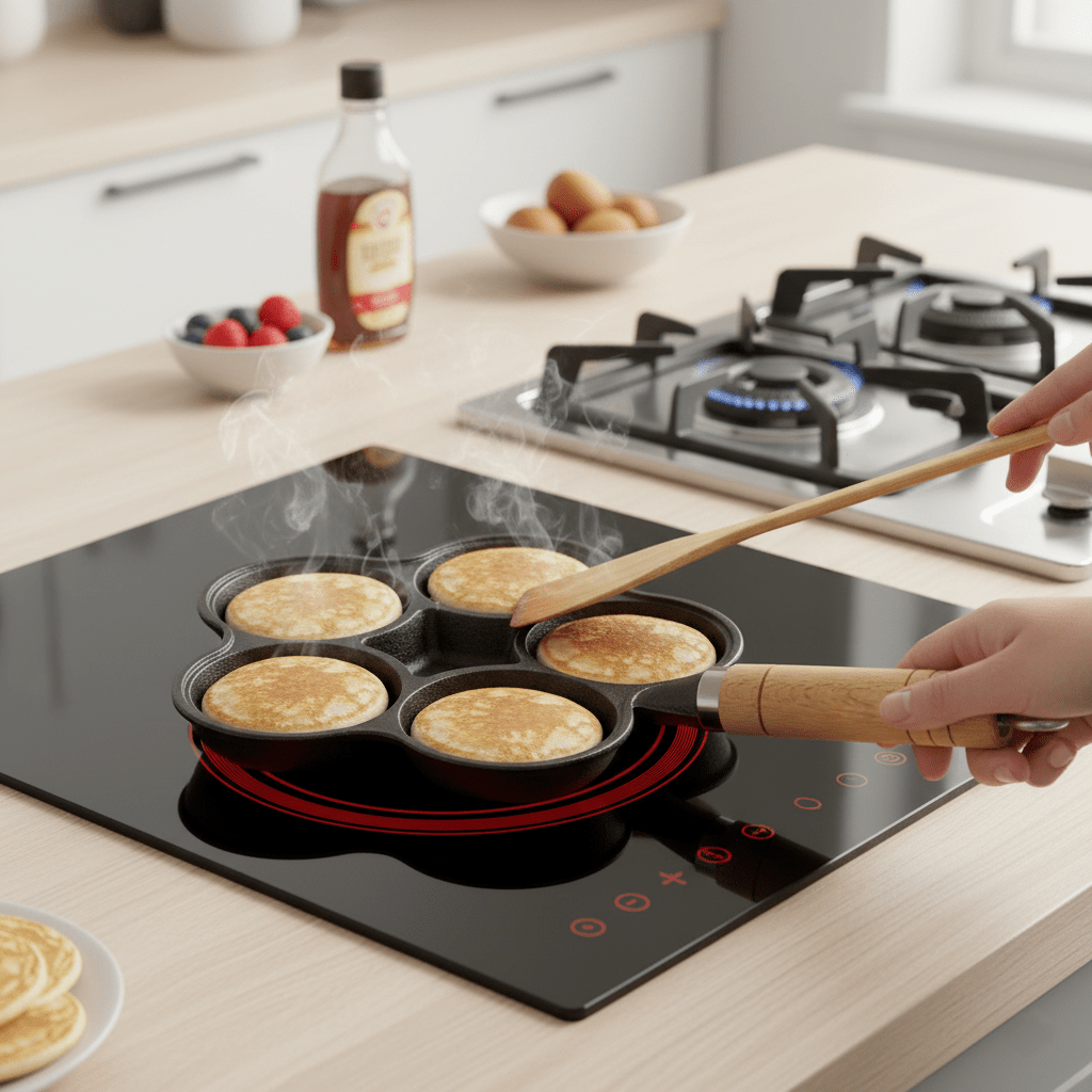 Cast Iron Nonstick Multi-Section Breakfast Frying Pan with Wooden Handle (22cm)