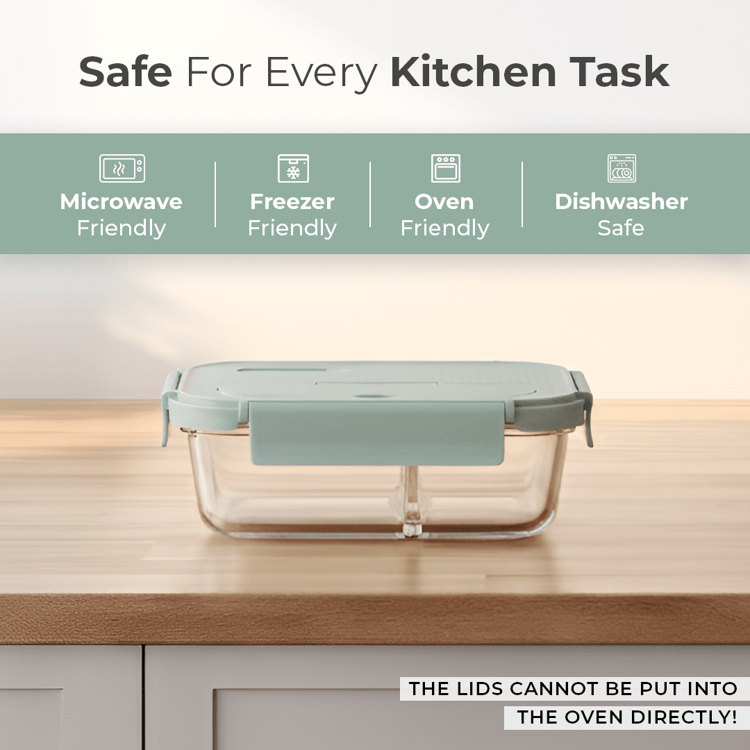 2-Compartment Rectangle Glass Food Container (1050ml)