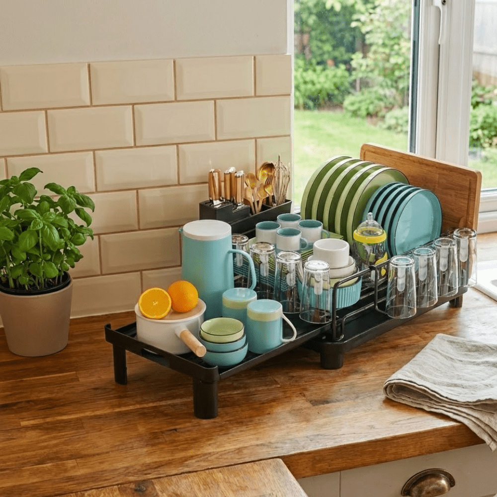 Adjustable Double-Layer Bowl Rack with Drainer (40cm)