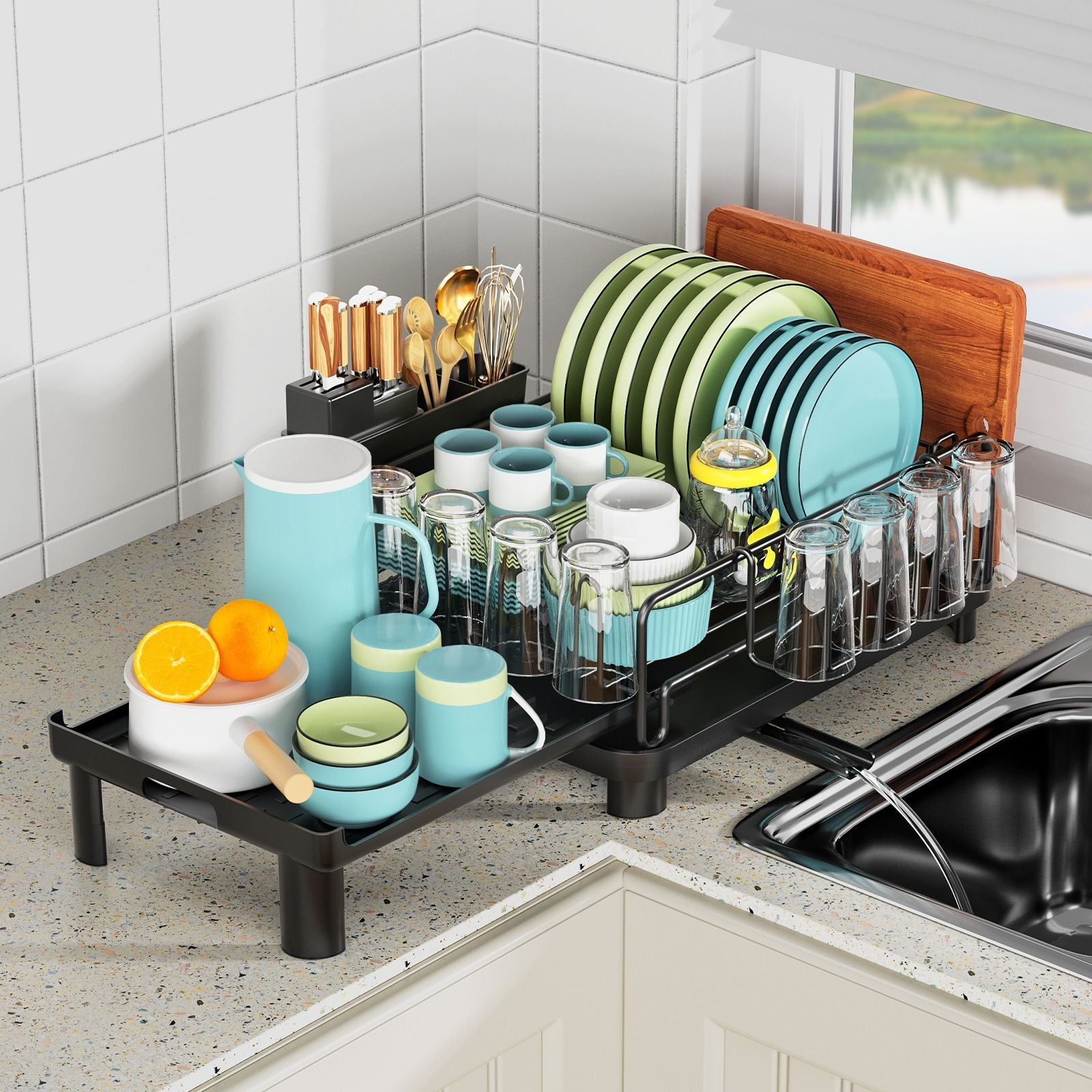 Adjustable Double-Layer Bowl Rack with Drainer (40cm)