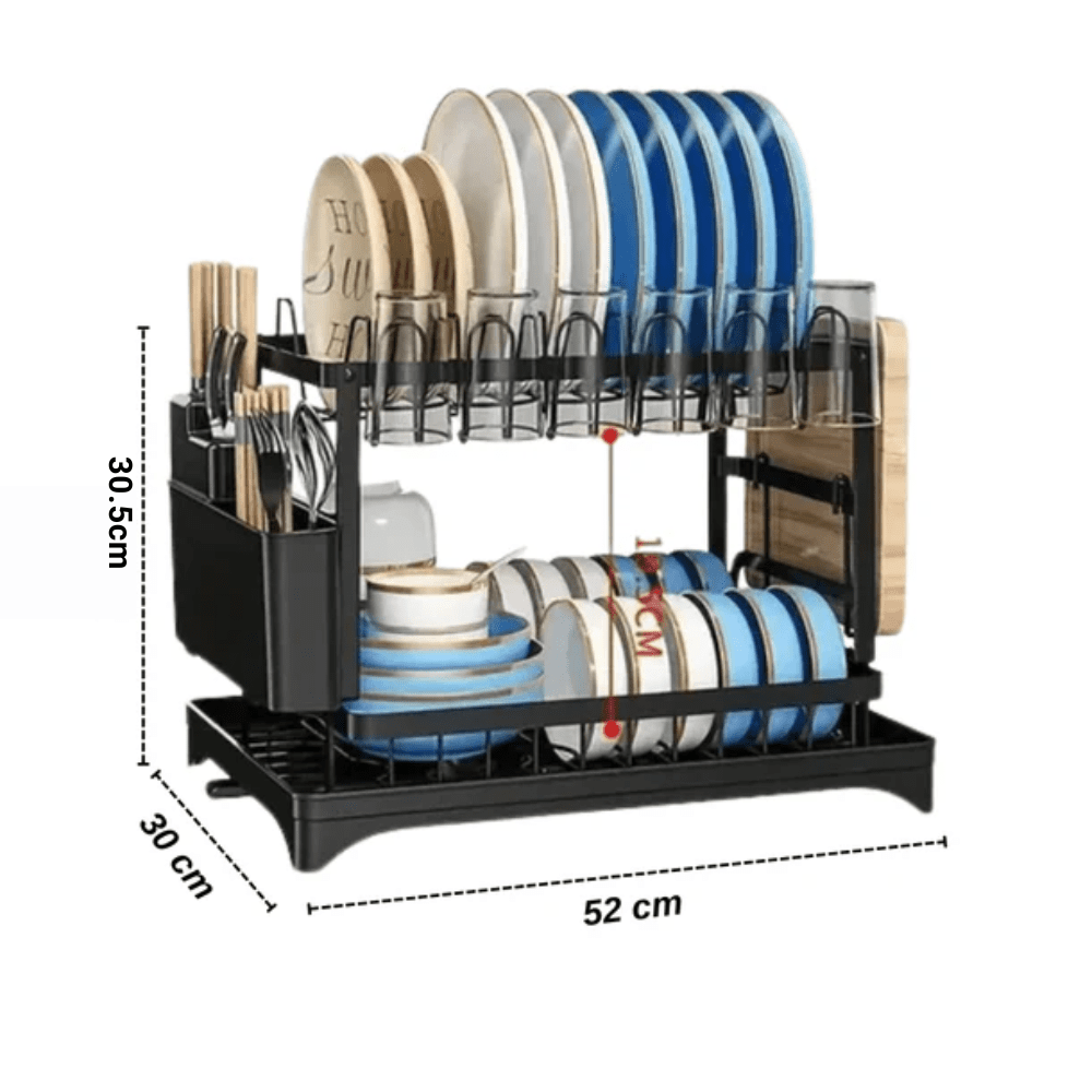 2 Tier Dish Drain Rack with Draining Outlet