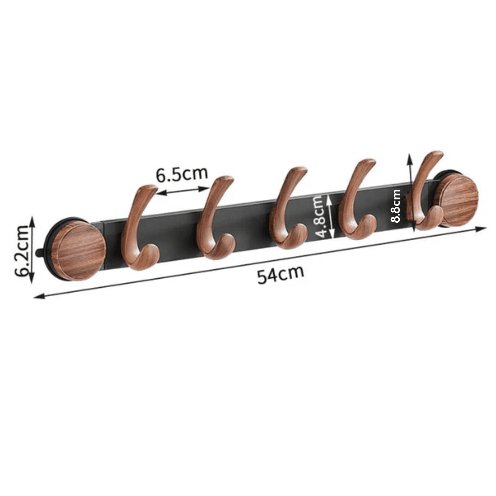 Wall-Mounted 5-Hook Rack with Vacuum Suction and Wood Finish