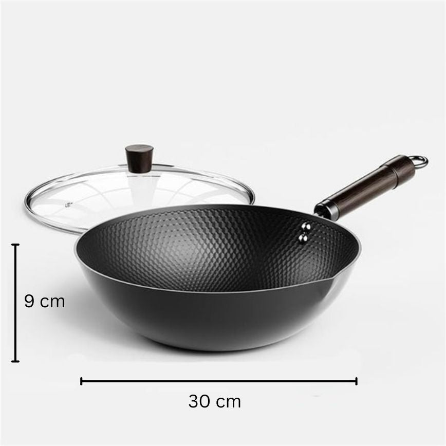 Traditional Uncoated Iron Wok with Wooden Handle & Glass Lid (30cm)