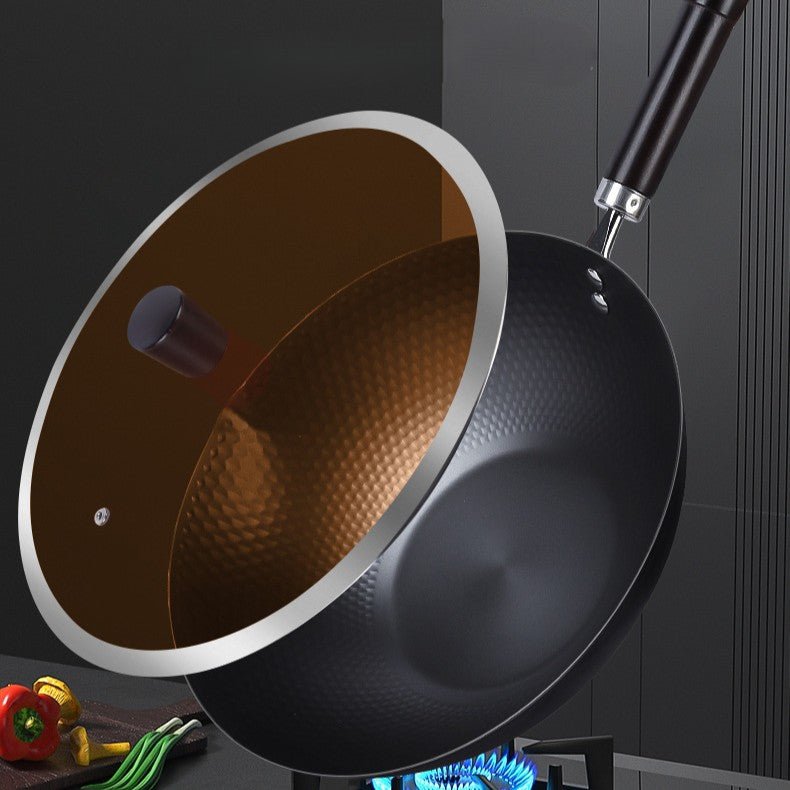 Traditional Uncoated Iron Wok with Wooden Handle & Glass Lid (30cm)