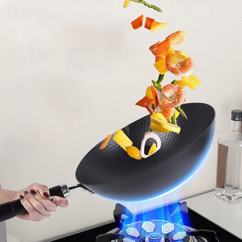 Traditional Uncoated Iron Wok with Wooden Handle & Glass Lid (30cm)