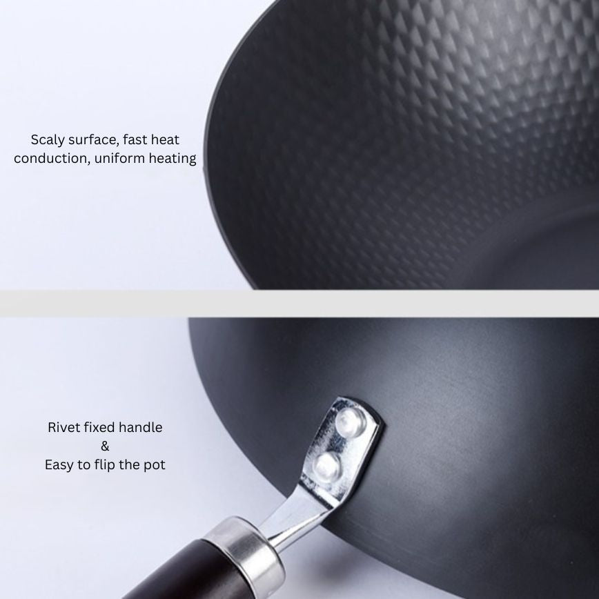 Traditional Uncoated Iron Wok with Wooden Handle & Glass Lid (30cm)