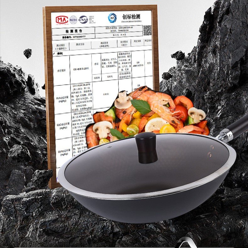 Traditional Uncoated Iron Wok with Wooden Handle & Glass Lid (30cm)