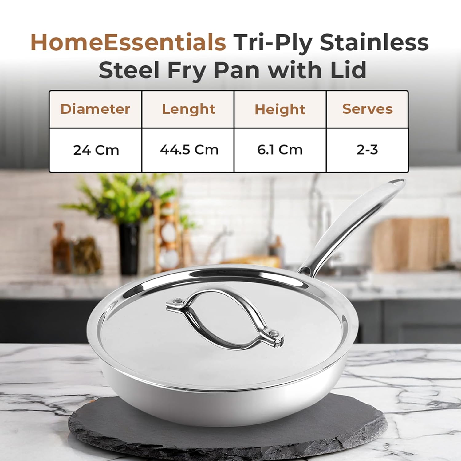 Versatile Tri-Ply Stainless Steel Fry Pan With Lid(24cm)
