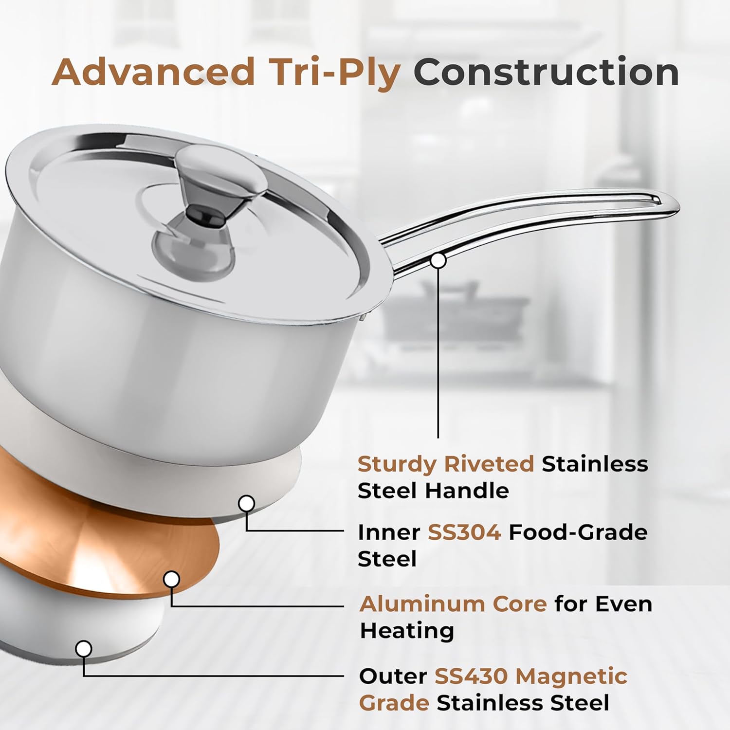 Versatile Tri-Ply Stainless Steel Saucepan with Lid(16cm)