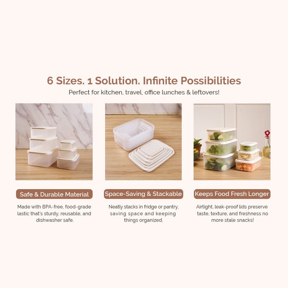 Airtight & Stackable Rectangular Food Storage Containers, Set of 6