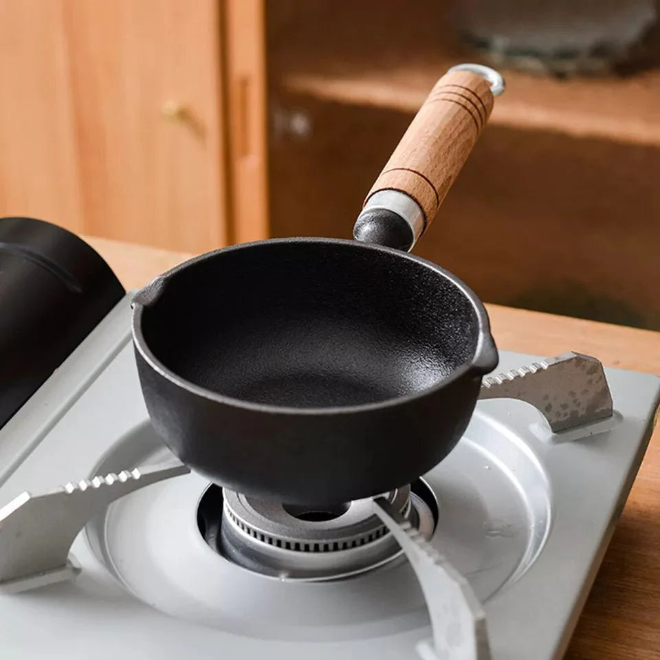 Cast Iron Non-Stick Tadka Pan with Wooden Handle